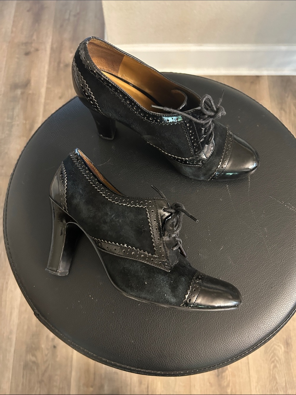 Enzo Angiolini Black Suede & Patent Lace-Up Heels